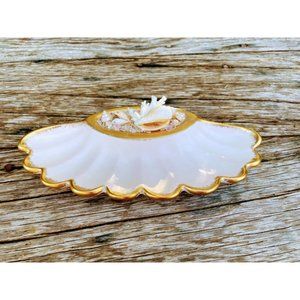 Vintage Pink Ceramic Shell Shape Trinket dish With Real Coral Glass Shells